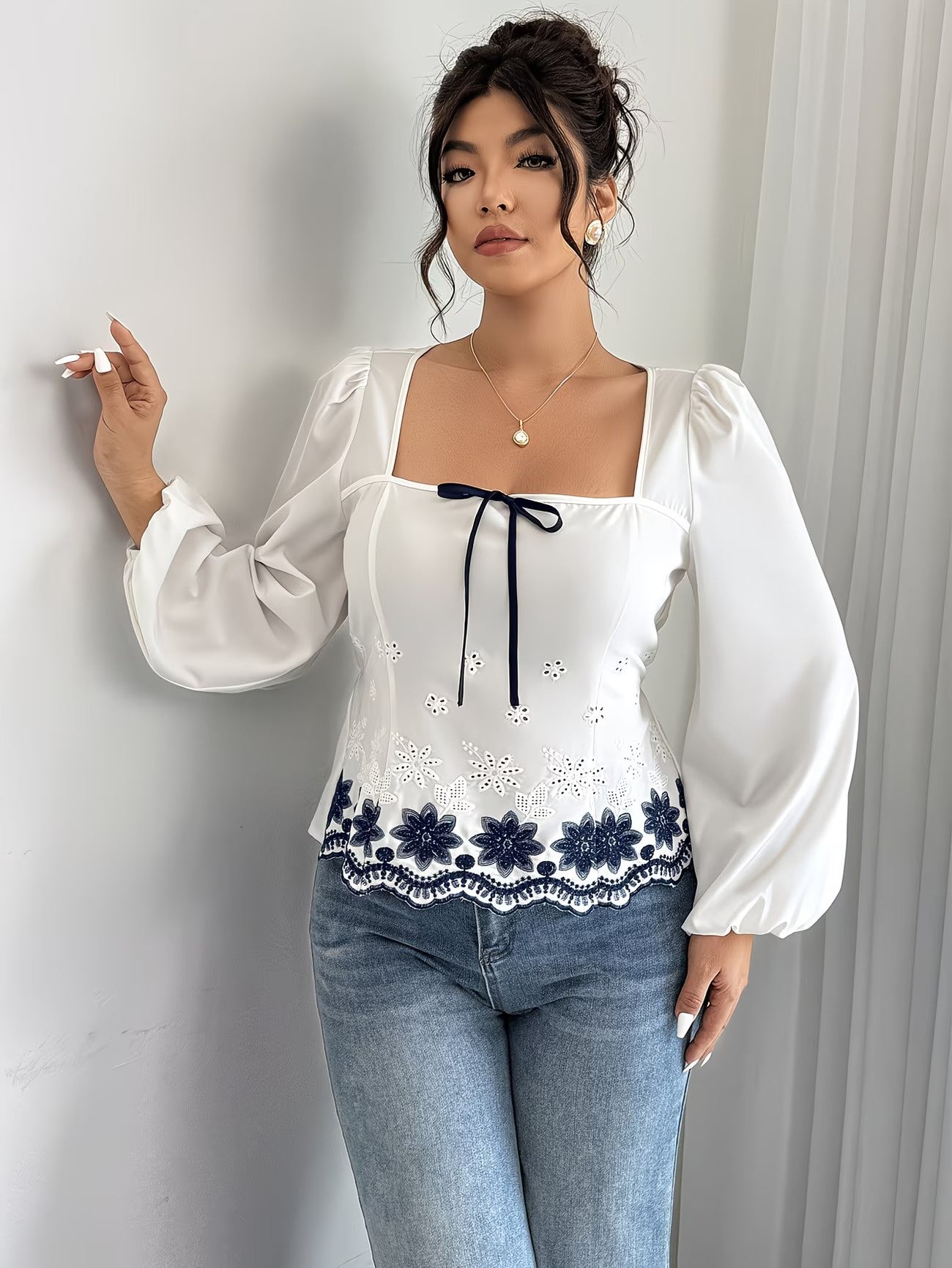 Women's Blouse with a Square Neckline and Long Sleeves