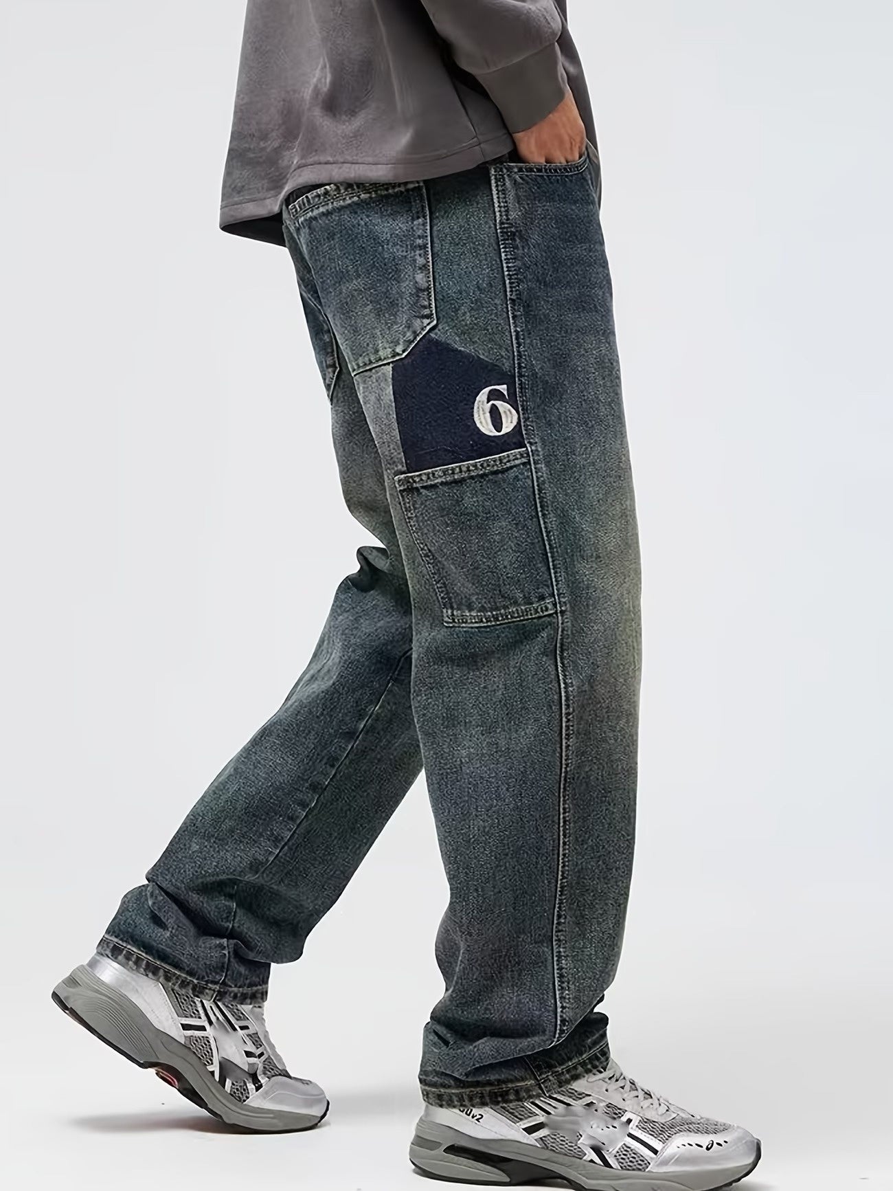 Men's Wide-Leg Washed Pants with Graphic Panel