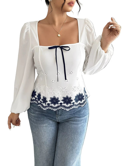Women's Blouse with a Square Neckline and Long Sleeves