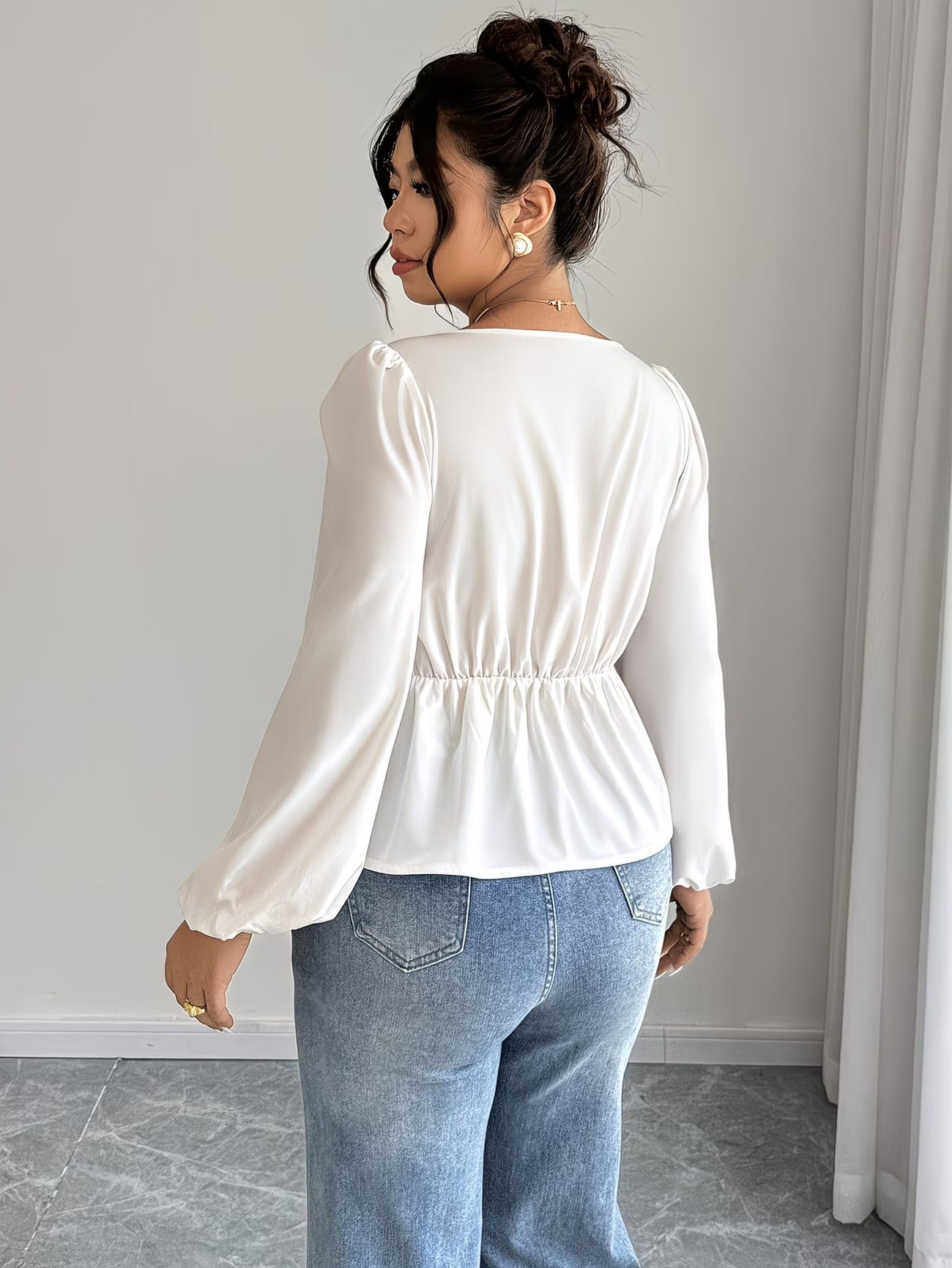 Women's Blouse with a Square Neckline and Long Sleeves