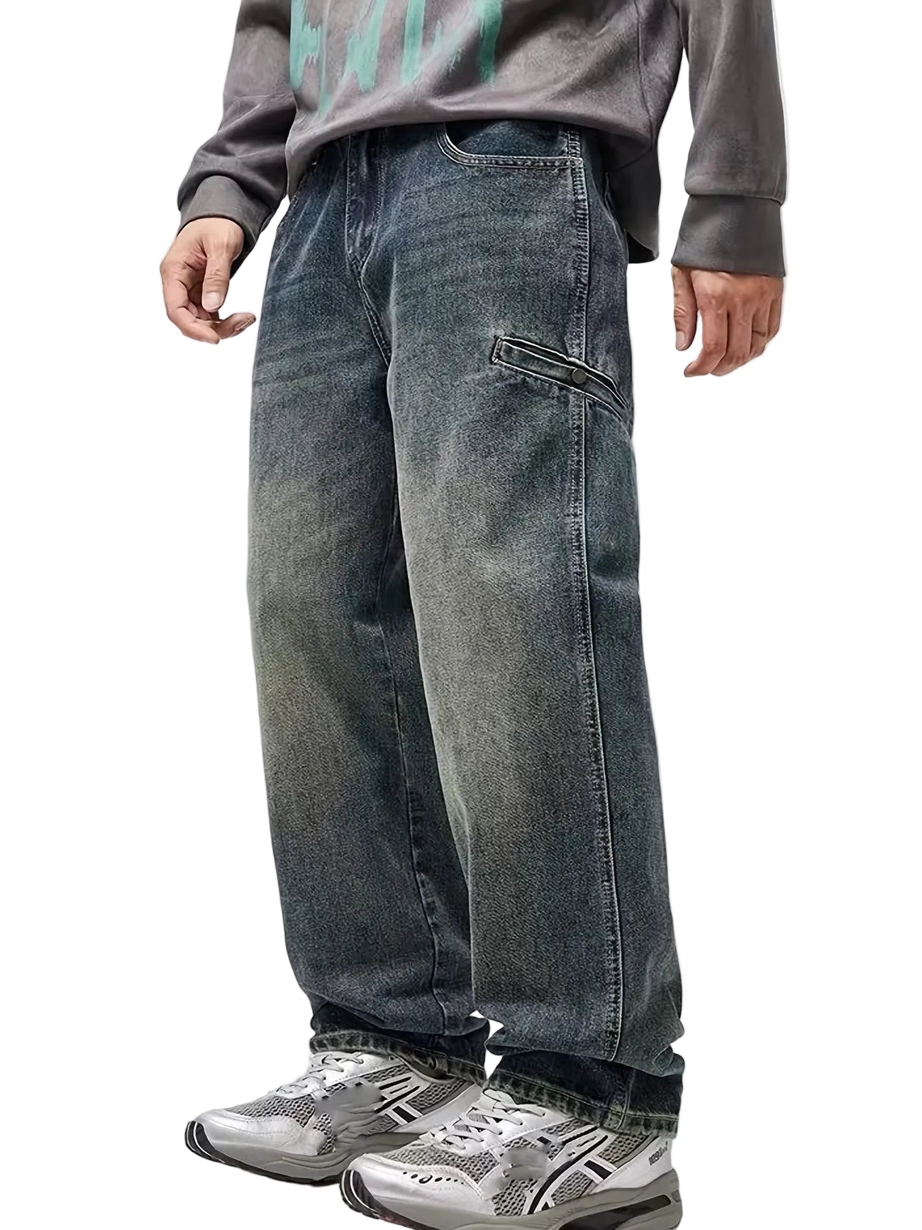 Men's Wide-Leg Washed Pants with Graphic Panel