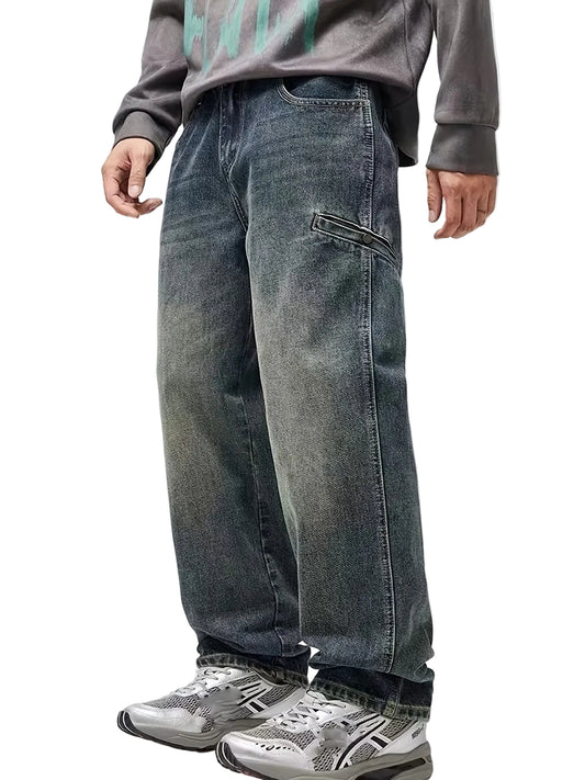 Men's Wide-Leg Washed Pants with Graphic Panel