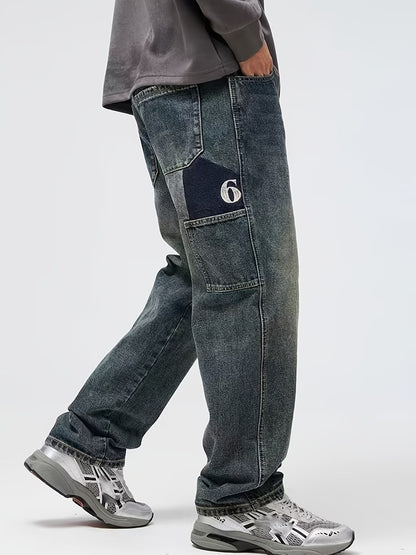 Men's Wide-Leg Washed Pants with Graphic Panel